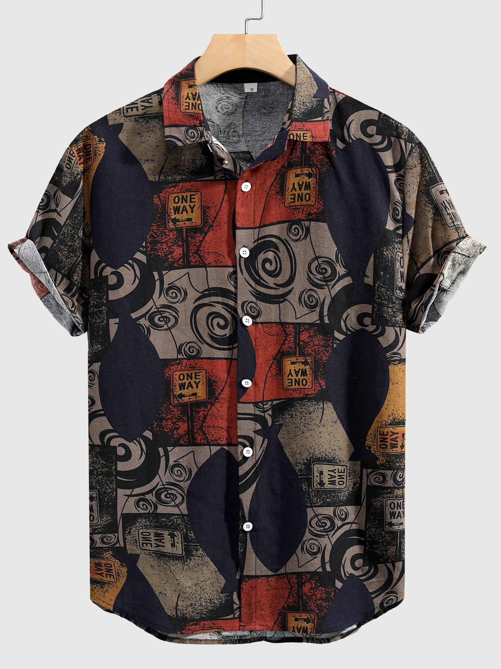 Men??s Stylish Loose Cotton Blend Geometric Print Shirt, Casual Breathable Lapel Button Up Short Sleeve Shirt For Summer Outdoor Activities