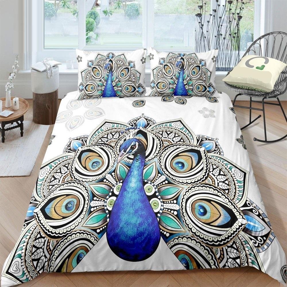 White 2/3-Piece Bohemian Peacock Duvet Cover Set