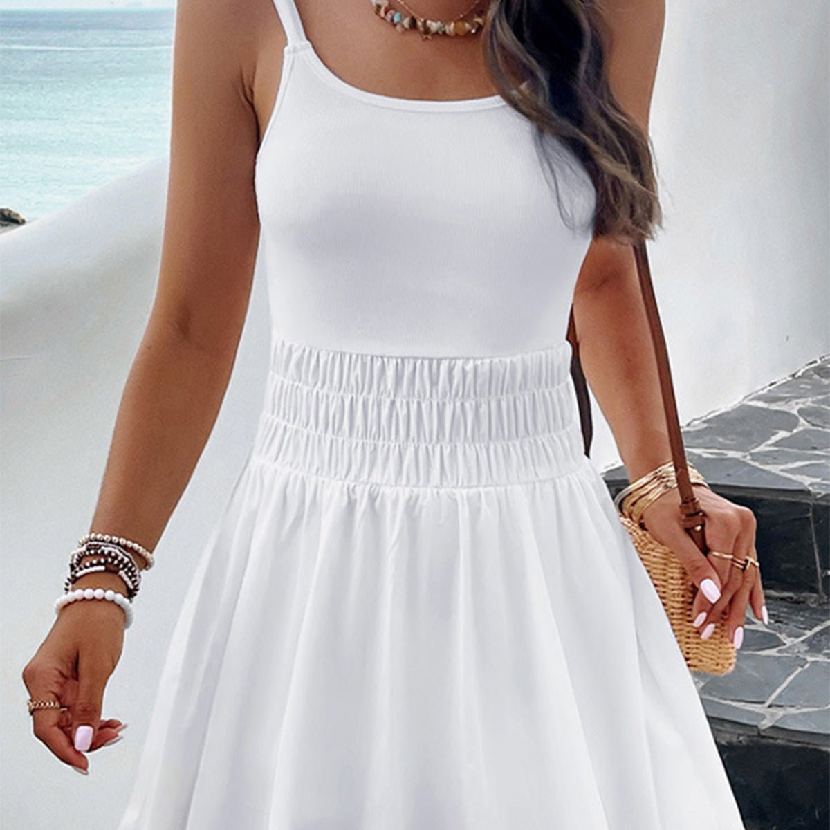 Solid Smocked Sleeveless Mini Dress - Image 5