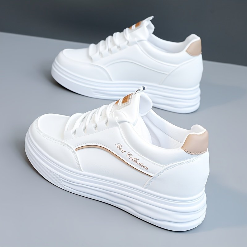 Women??s Casual Sneakers, Fashion All-match White Shoes, Thick Sole Lace-up Skate Shoes - Image 3