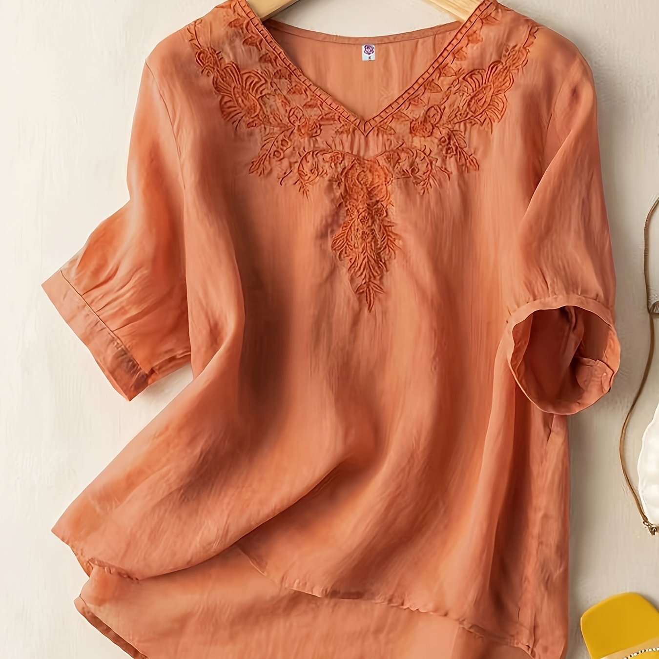 Floral Embroidery V Neck T-shirt, Vintage Half Sleeve Loose T-shirt For Spring & Summer, Women??s Clothing - Image 3