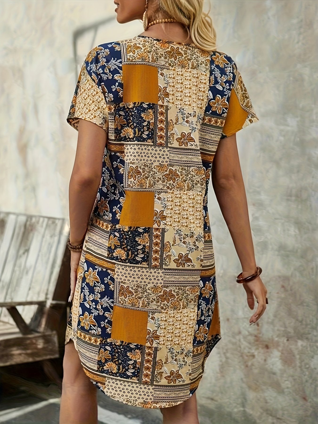 Patchwork Print Curvy Hem Dress, Vacation Short Sleeve Notched Neck Dress, Women??s Clothing - Image 4