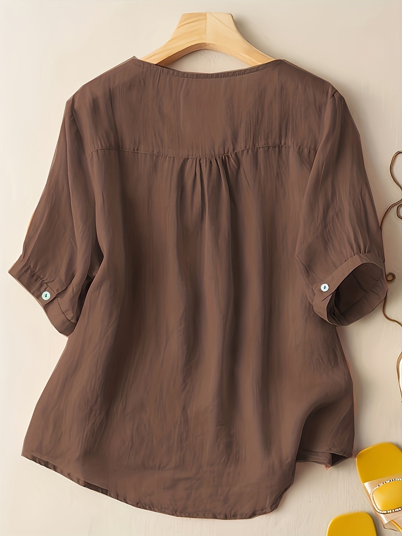 Floral Embroidery V Neck T-shirt, Vintage Half Sleeve Loose T-shirt For Spring & Summer, Women??s Clothing - Image 6