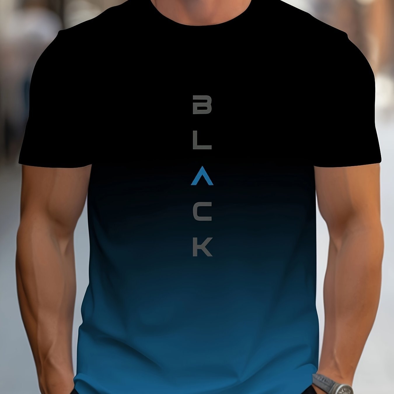 Men??s Gradient Color Black Graphic Print T-shirt, Short Sleeve Crew Neck Tee, Men??s Clothing For Outdoor - Image 2