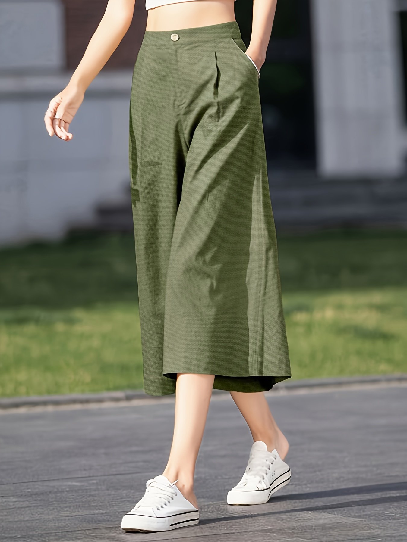Solid Color Wide Leg Capris Pants, Casual Loose Pants For Spring & Summer, Women??s Clothing