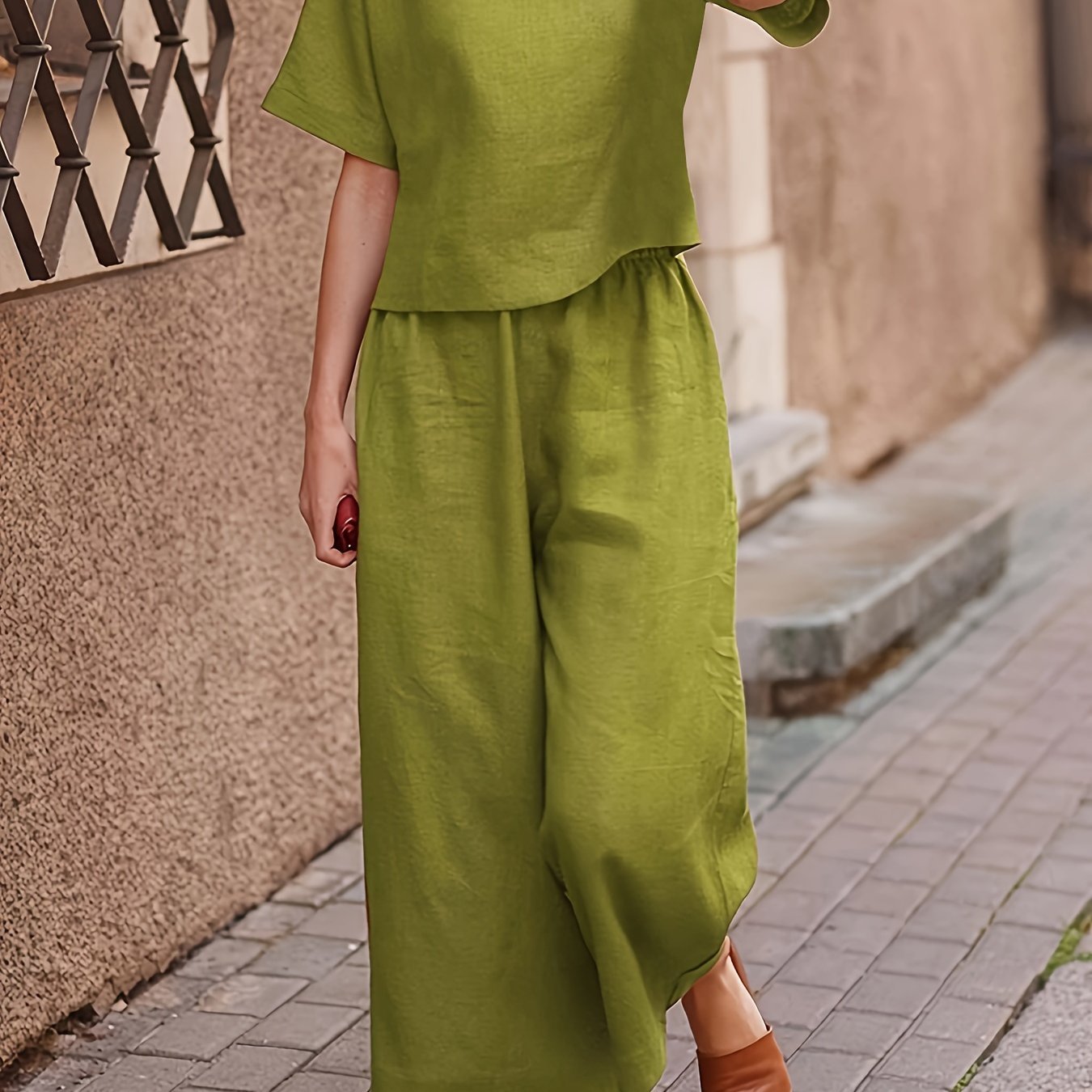 Solid Two-piece Set, Crew Neck Casual T-Shirt & Wide Leg Pants, Women??s Clothing - Image 2