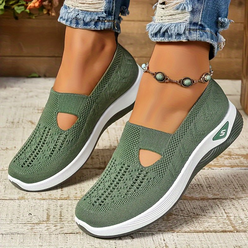 Women??s Solid Color Sneakers, Breathable Knit Slip On Outdoor Shoes, Lightweight Low Top Shoes - Image 15