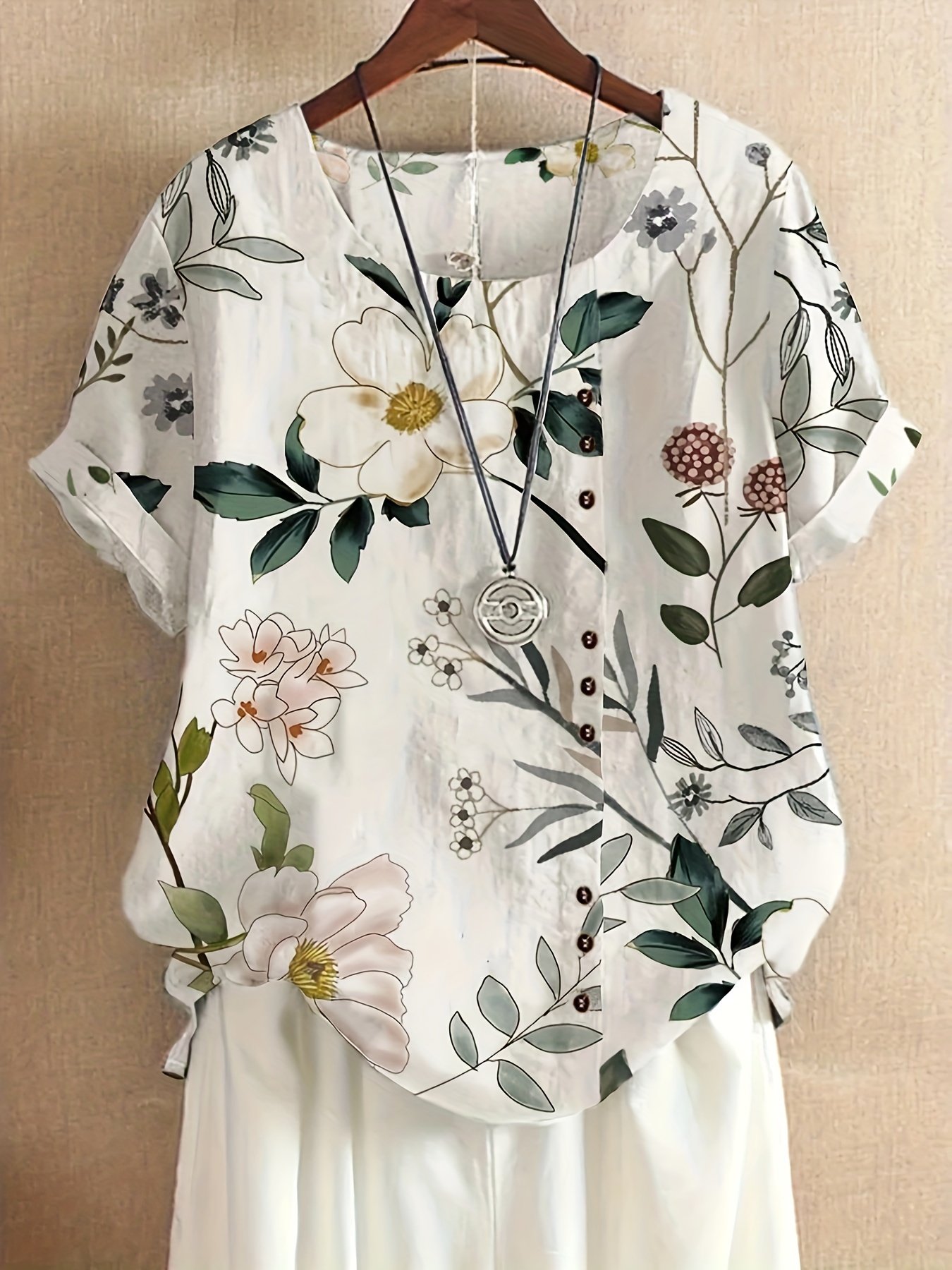 Floral Print Crew Neck T-Shirt, Casual Short Sleeve T-Shirt For Spring & Summer, Women??s Clothing