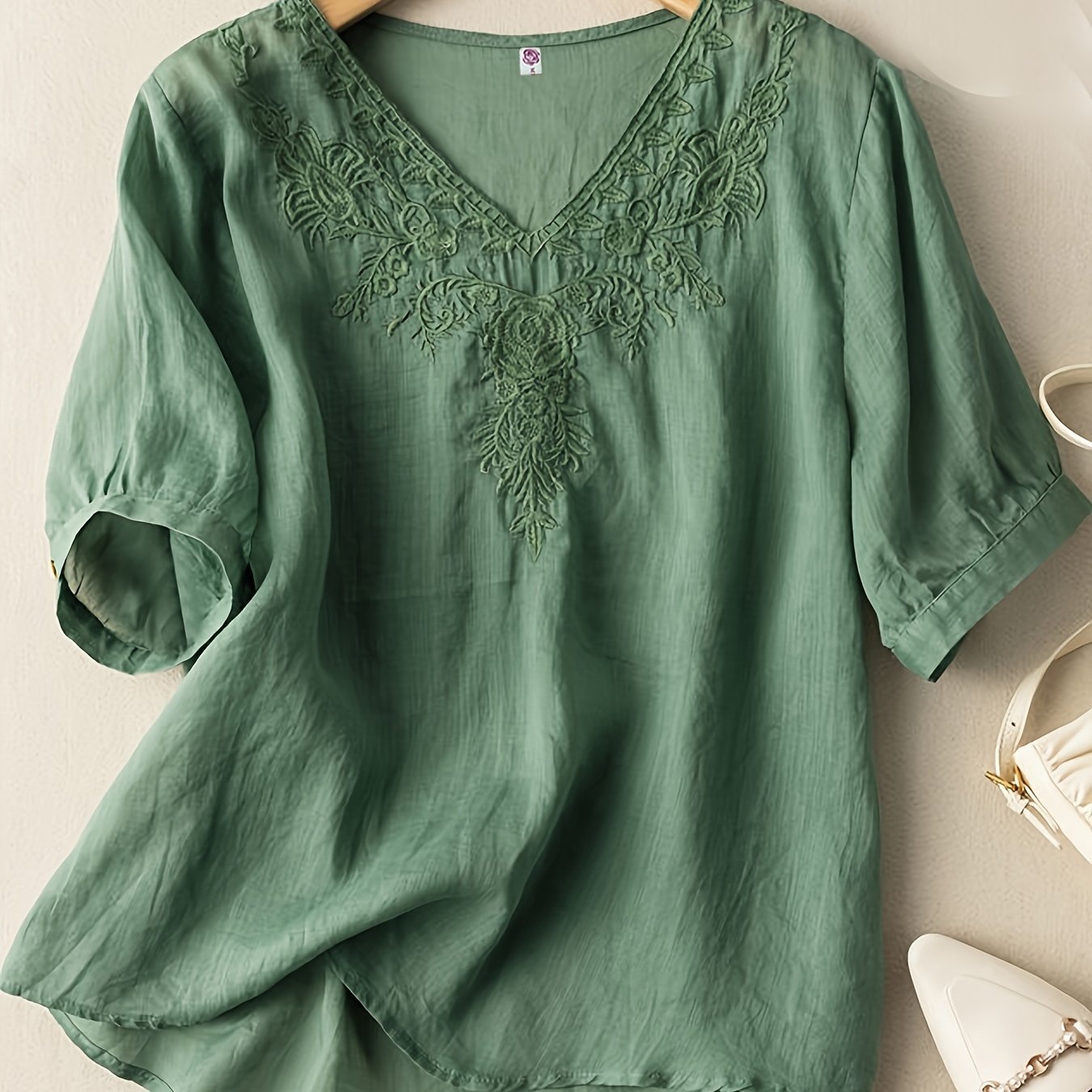 Floral Embroidery V Neck T-shirt, Vintage Half Sleeve Loose T-shirt For Spring & Summer, Women??s Clothing - Image 5