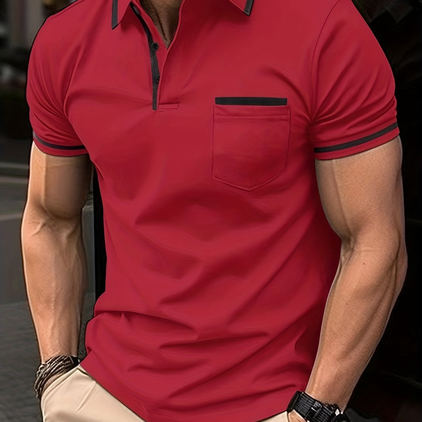 Breathable Regular Fit Men??s Chic Contrast Binding Short Sleeve Golf Shirt With Chest Pocket For Summer, Men??s Clothing - Image 4