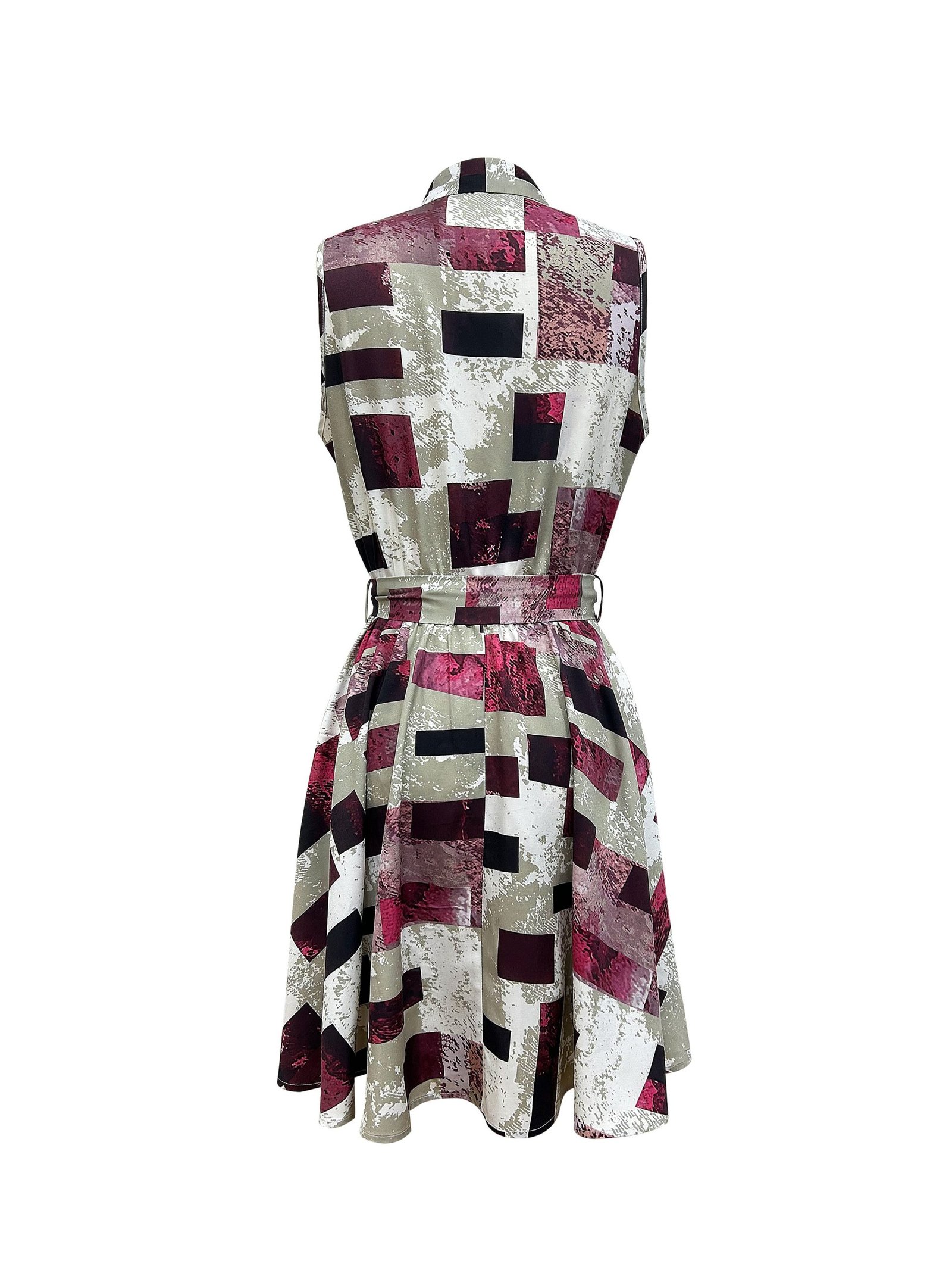 Abstract Print Button Front Sleeveless Dress, Casual Tie-waist Lapel Dress For Spring & Summer, Women??s Clothing - Image 11