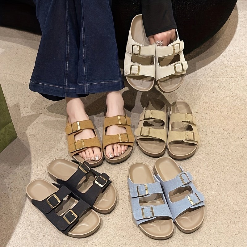 Women??s Solid Color Casual Sandals, Platform Slip On Double Adjustable Buckle Beach Slides, Casual Seaside Daily Footwear - Image 7