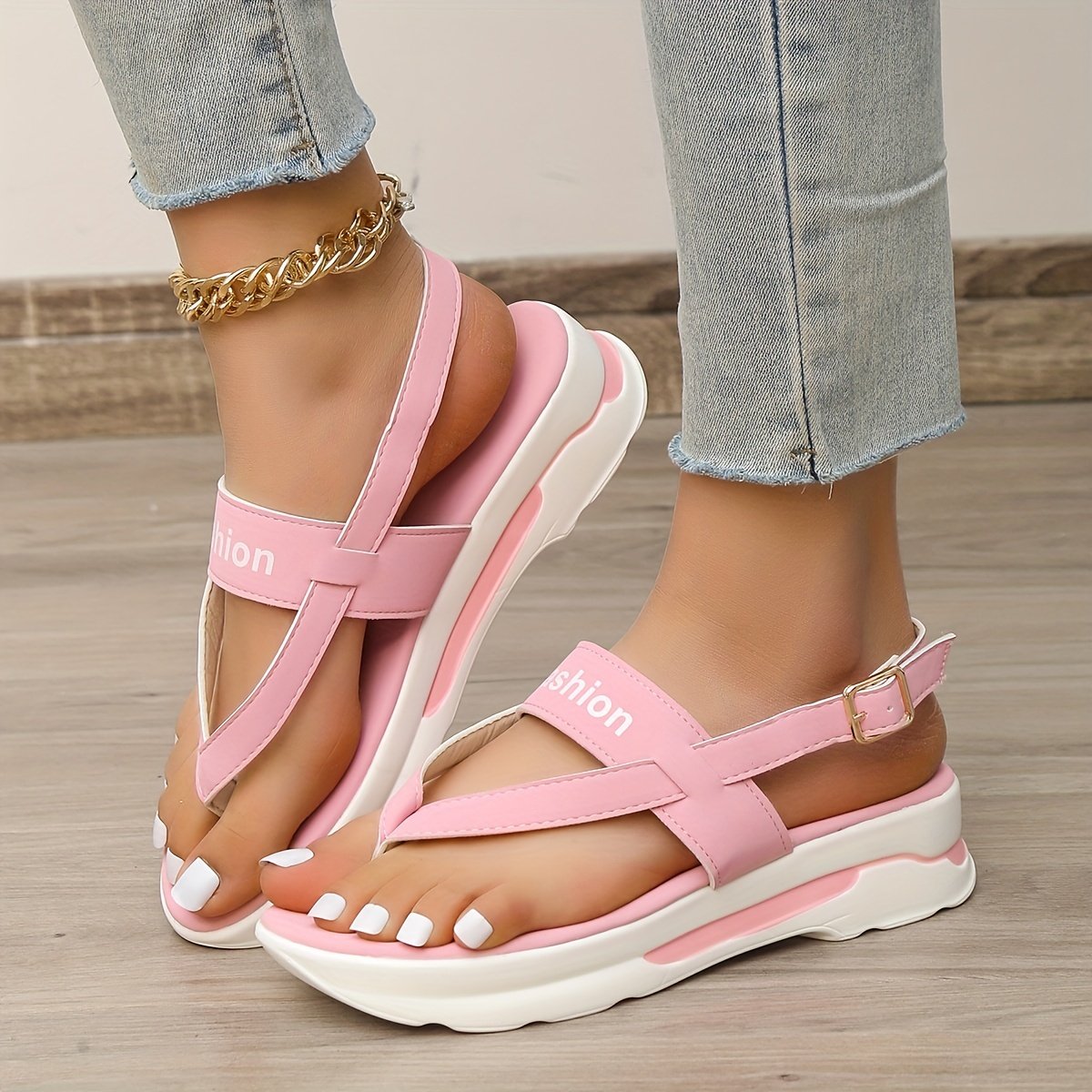 Women??s Platform Thong Sandals, Solid Color Letter Buckle Strap Slingback Shoes, Outdoor Summer Sandals - Image 10