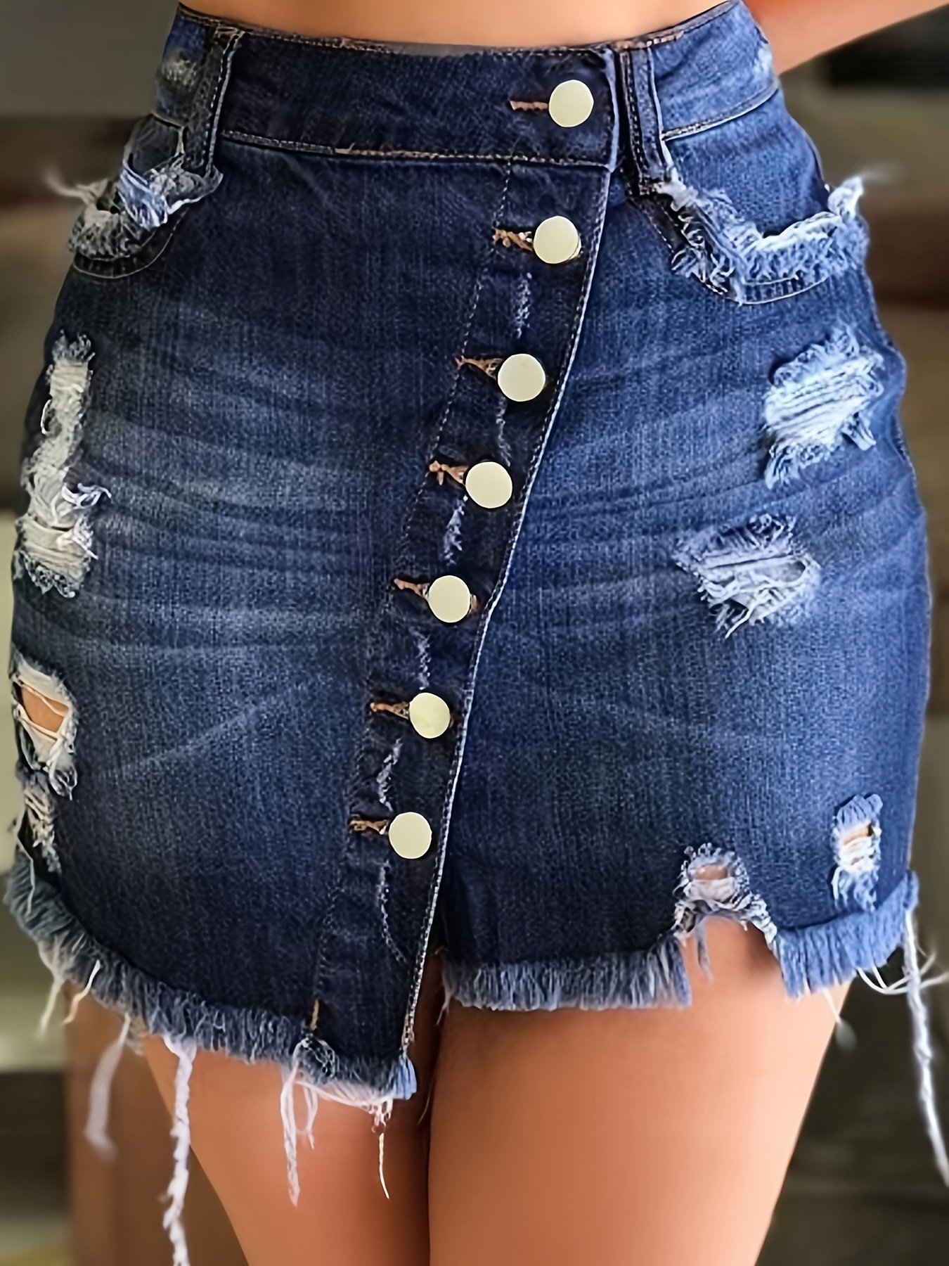 Ripped Asymmetric Single-breasted Raw Hem Denim Skirt, Medium Stretch Whiskering Distressed Denim Skirt, Women??s Denim Jeans & Clothing