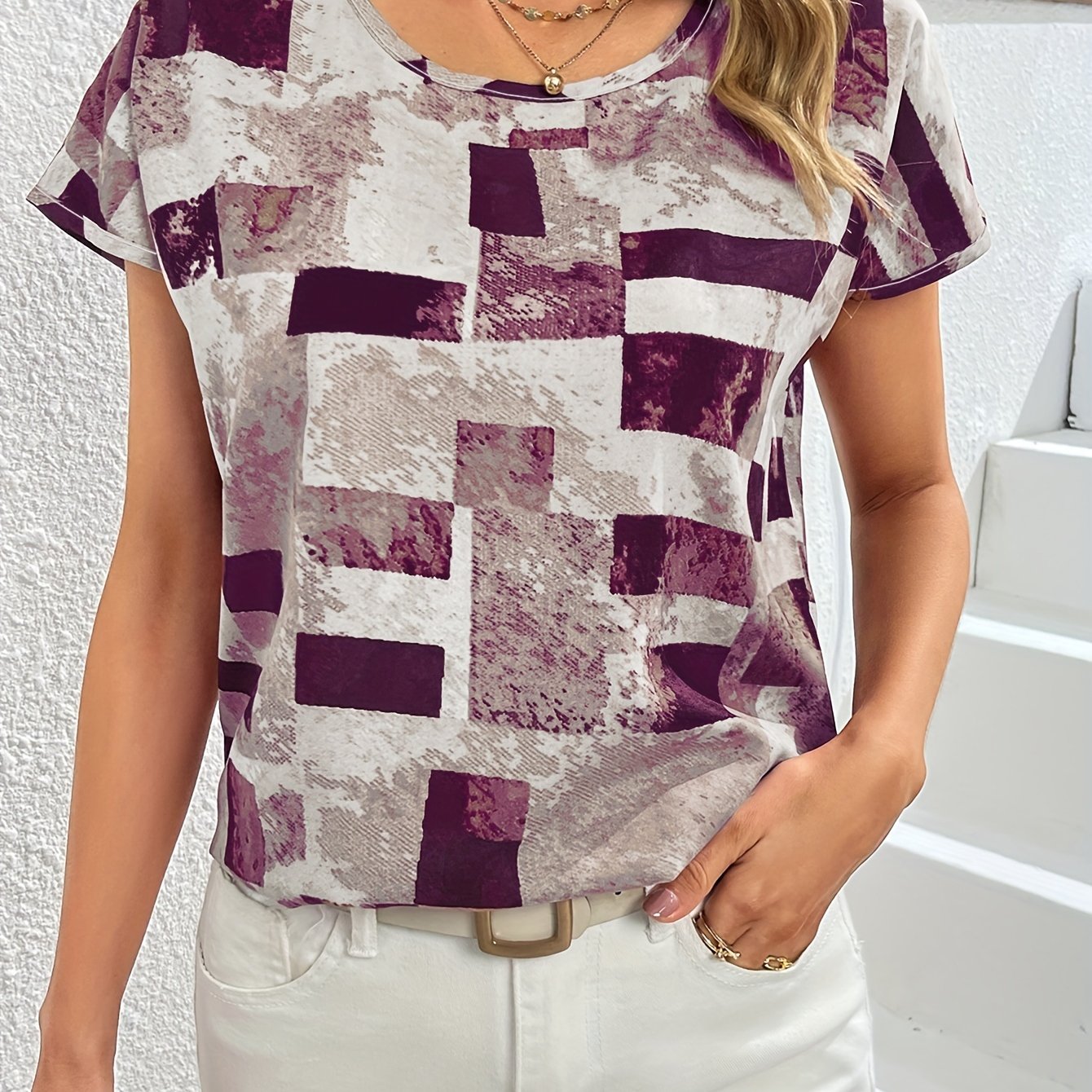 Geometric Print Blouse, Casual Crew Neck Short Sleeve Summer Blouse, Women??s Clothing - Image 5
