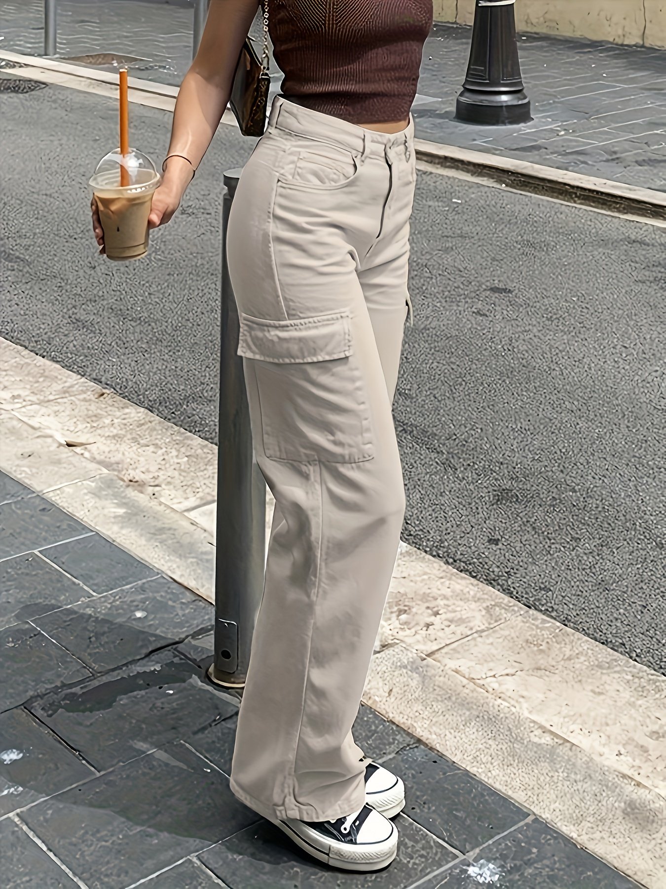 Flap Pockets Wide Leg Cargo Pants, Casual High Waist Loose Pants For Spring & Summer, Women??s Clothing - Image 6