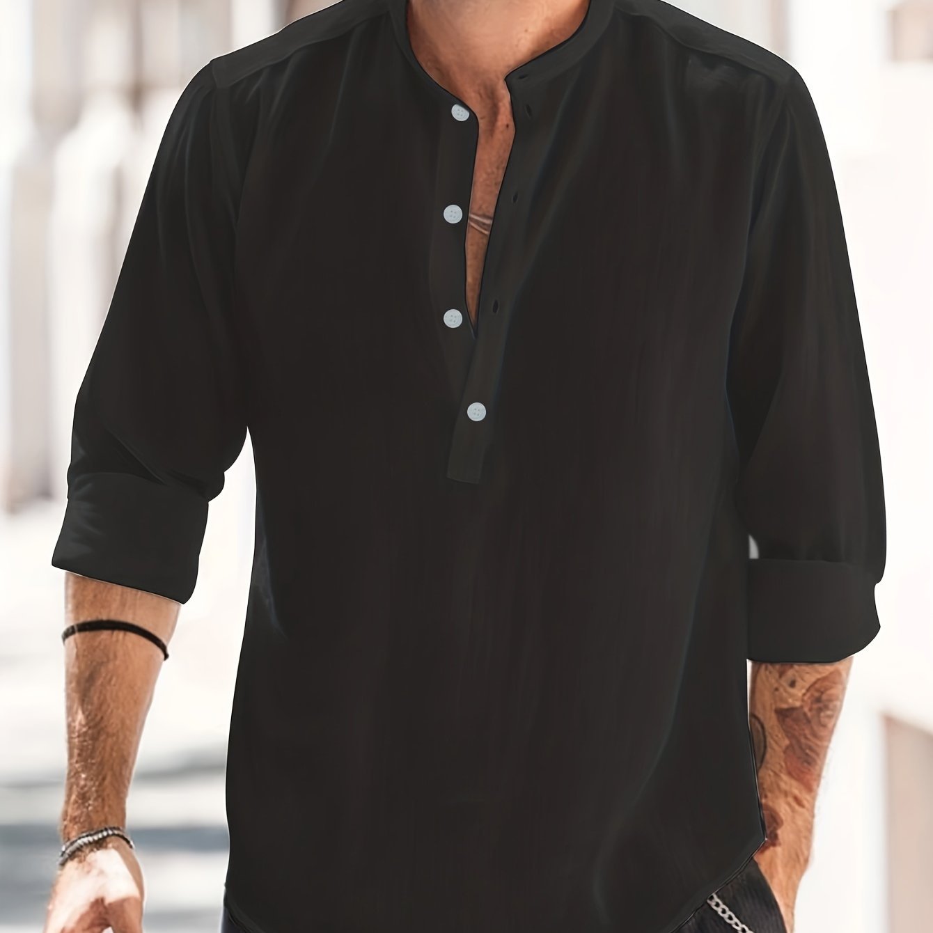 Classic Design Cotton Boat Neck Henley Shirt, Men??s Casual Fit Vintage Style Long Sleeve Top For Spring Fall - Image 9