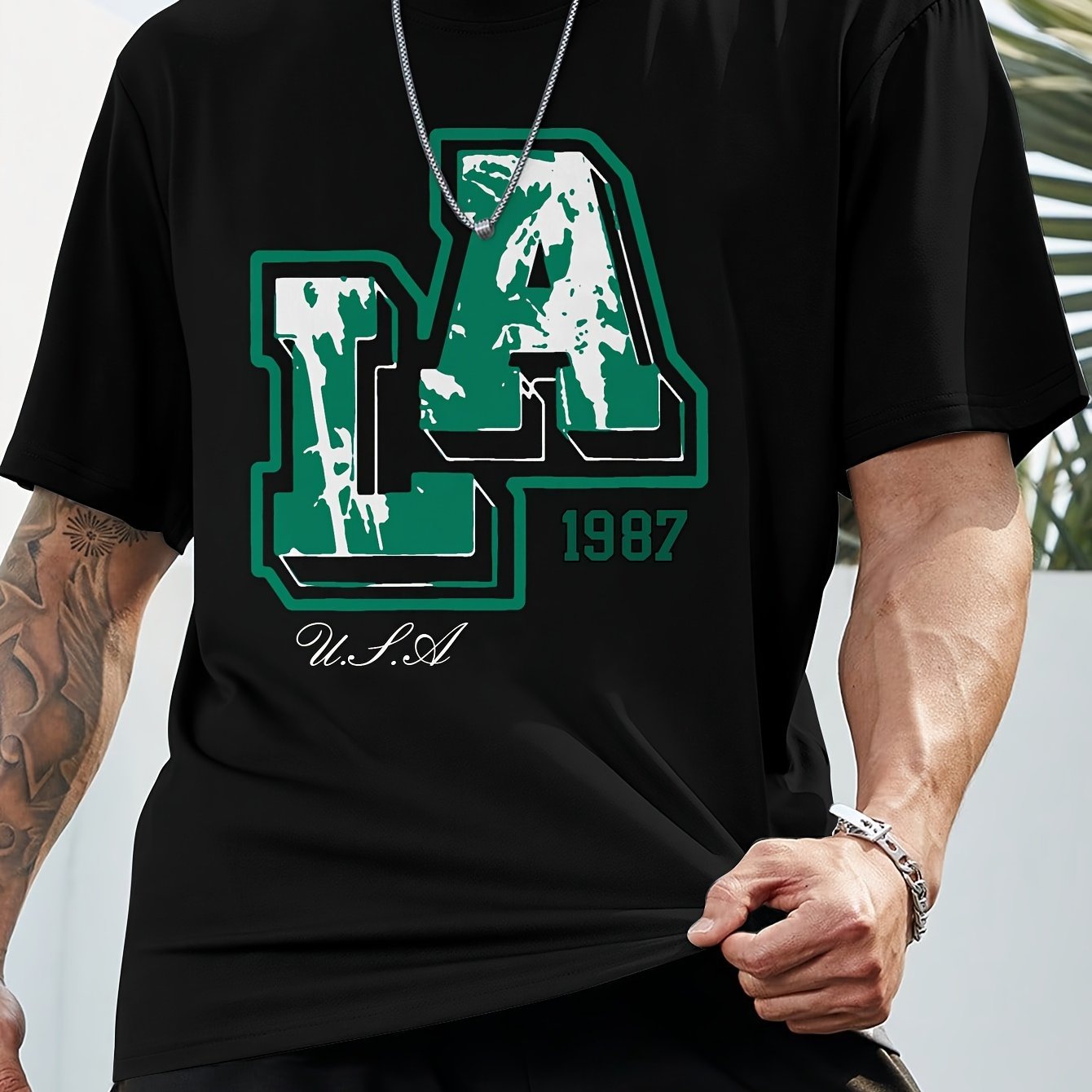 Men??s Los Angeles Print Short Sleeve T-Shirts, Comfy Casual Elastic Crew Neck Tops, Men??s Clothing - Image 5