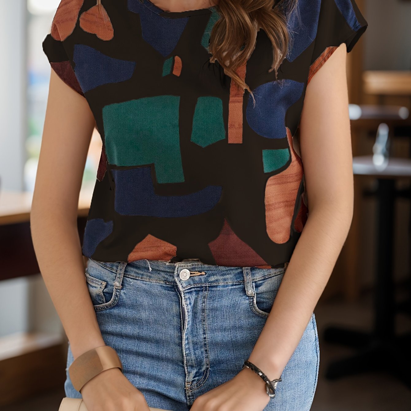 Graphic Print Crew Neck Blouse, Casual Short Sleeve Blouse For Spring & Summer, Women??s Clothing - Image 2
