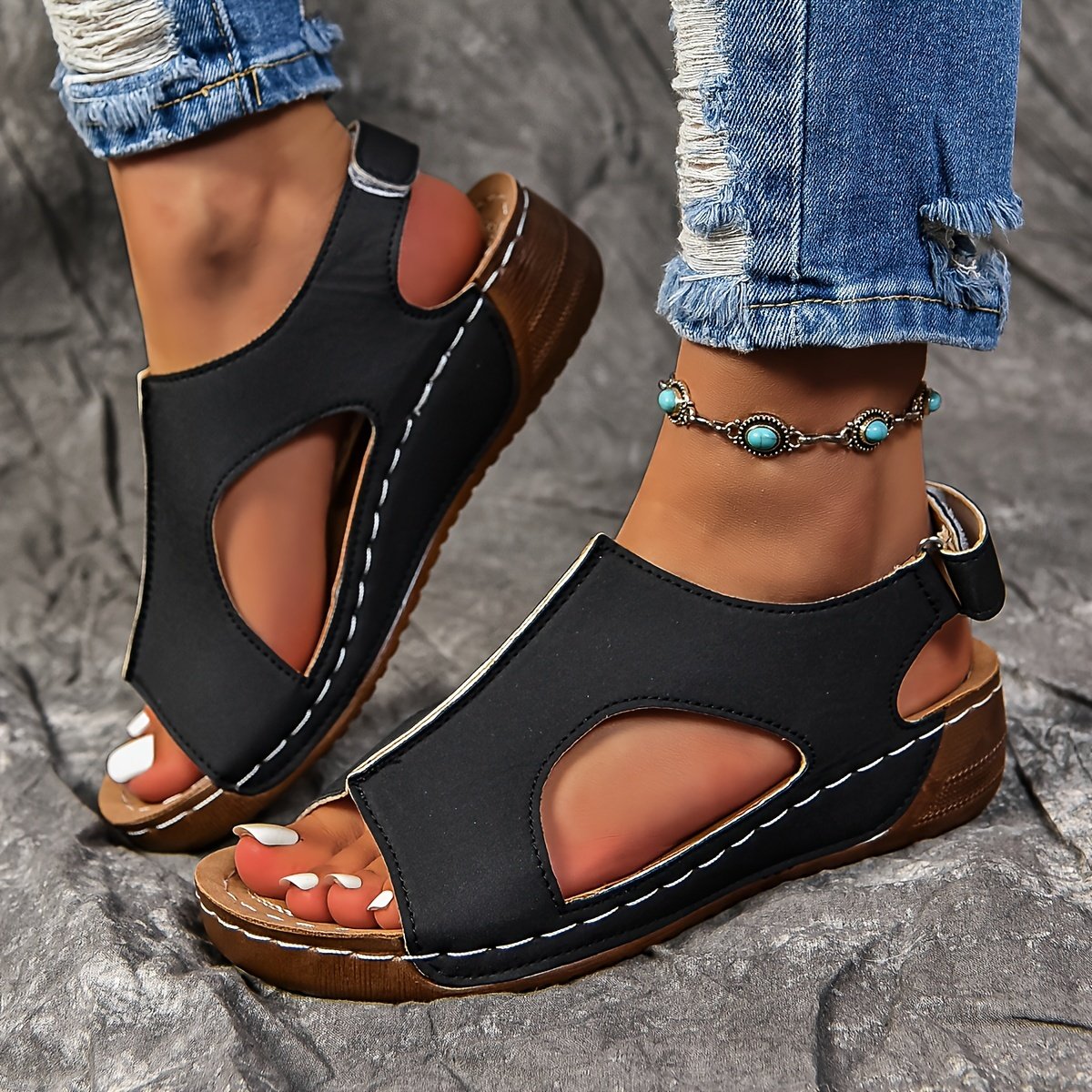 Women??s Solid Color Wedge Heeled Sandals, Casual Open Toe Platform Shoes, Comfortable Ankle Strap Sandals - Image 2