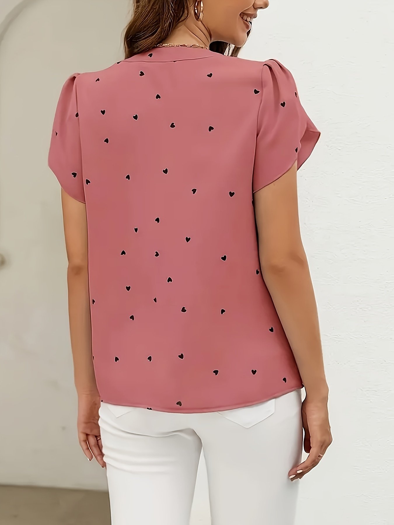Heart Print V Neck Blouse, Casual Petal Sleeve Blouse For Spring & Summer, Women??s Clothing - Image 5