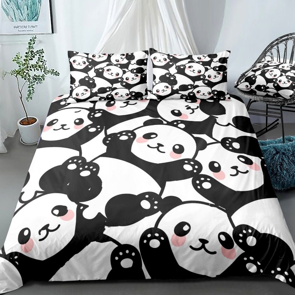 Black & White 3-Piece Cartoon Panda Pattern Duvet Cover Set