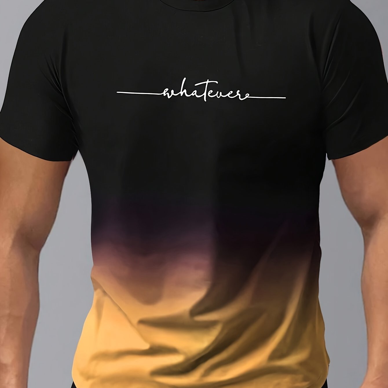 Men??s Gradient Color And Alphabet Print ??WHATEVER?? Crew Neck And Short Sleeve T-shirt, Casual And Chic Tops For Summer Outdoors Wear - Image 3
