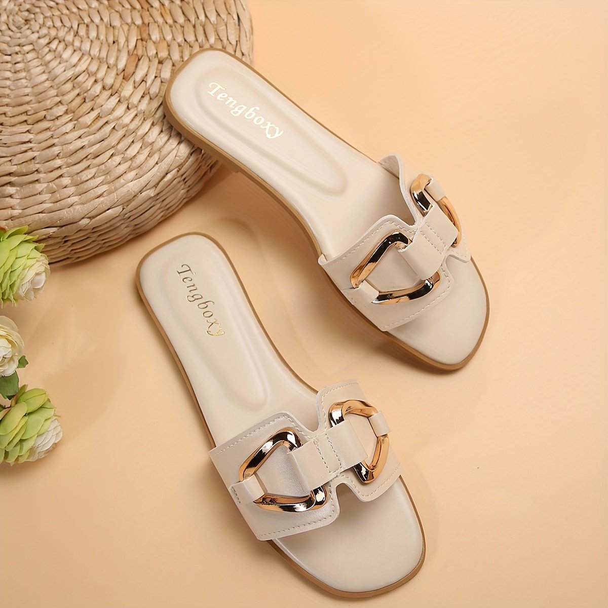 Women??s Metallic Buckle Decor Slides, Fashionable Square Open Toe Summer Shoes, Casual Beach Flat Slides - Image 7