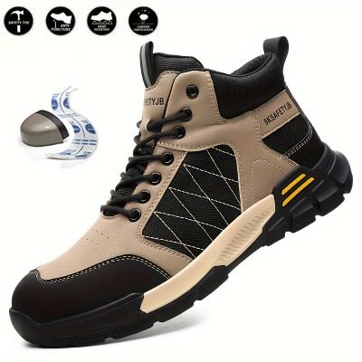 Men??s High Top Steel Toe Puncture Proof Anti-skid Work Safety Boots, Lace Up Durable Industrial Construction Shoes
