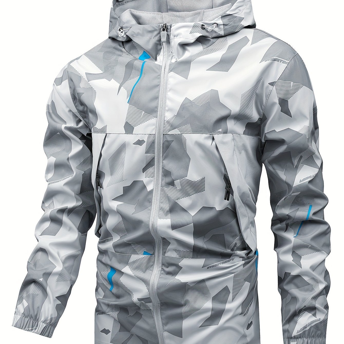 Geometric Pattern Design Men??s Color Blocked Zip Up Hooded Indbreaker, Suitable For Outdoor Hiking, Camping And Travel In All Seasons - Image 3