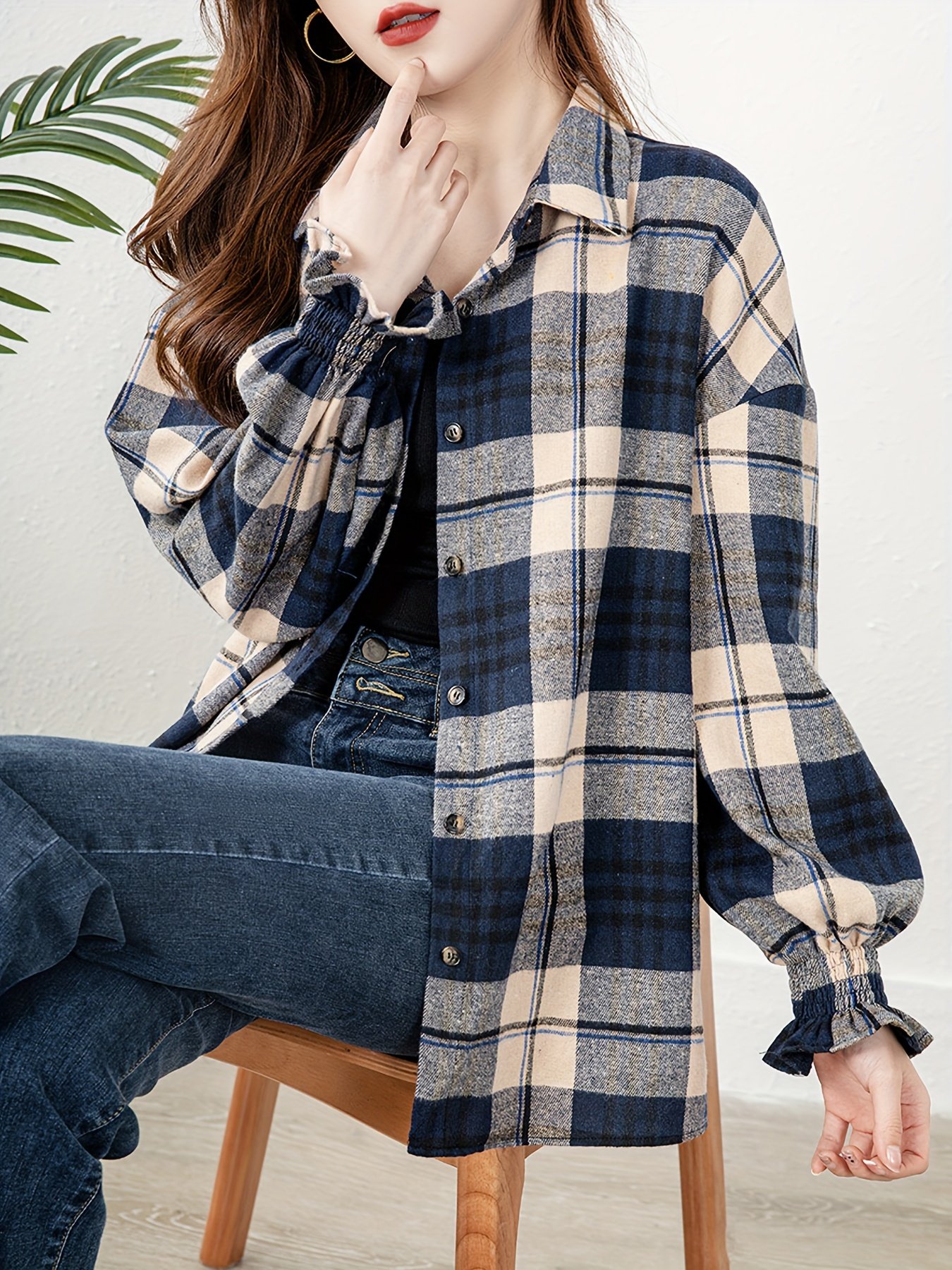 Plaid Print Button Front Blouse, Casual Long Sleeve Blouse For Spring & Fall, Women??s Clothing - Image 7