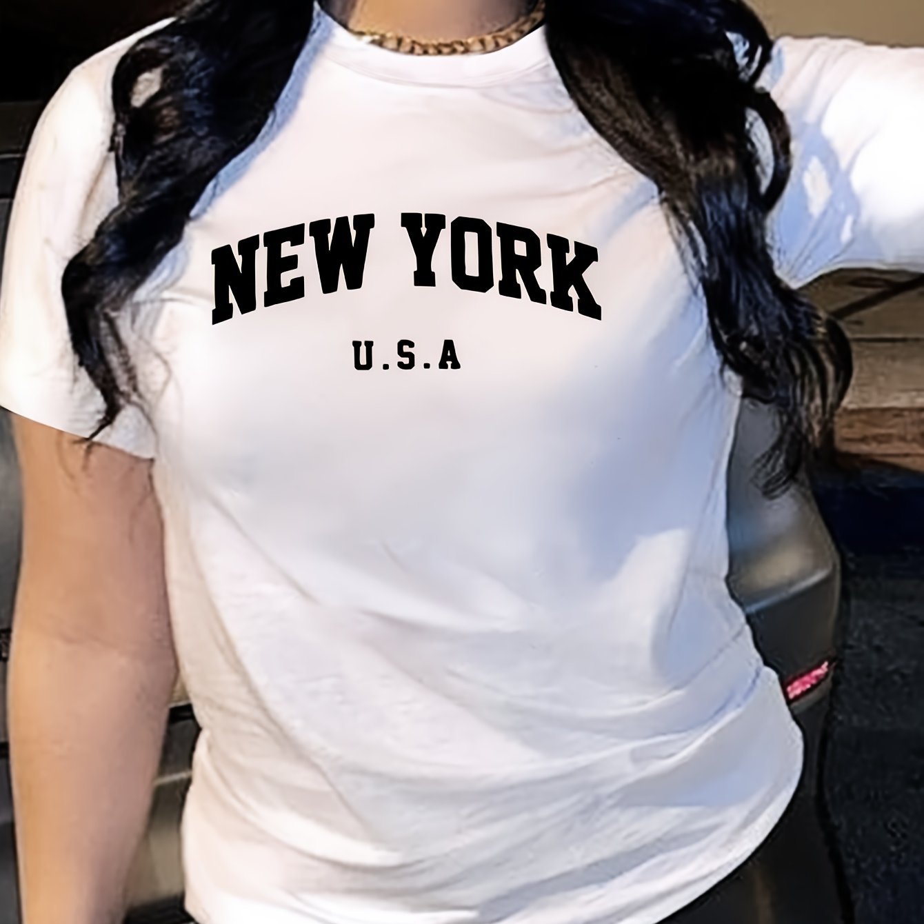 New York Letter Print T-shirt, Short Sleeve Crew Neck Casual Top For Summer & Spring, Women??s Clothing - Image 3