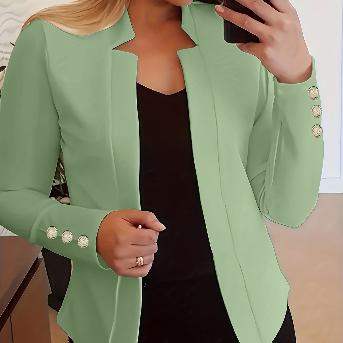 Solid Open Front Blazer, Casual Long Sleeve Button Blazer For Office & Work, Women??s Clothing - Image 4