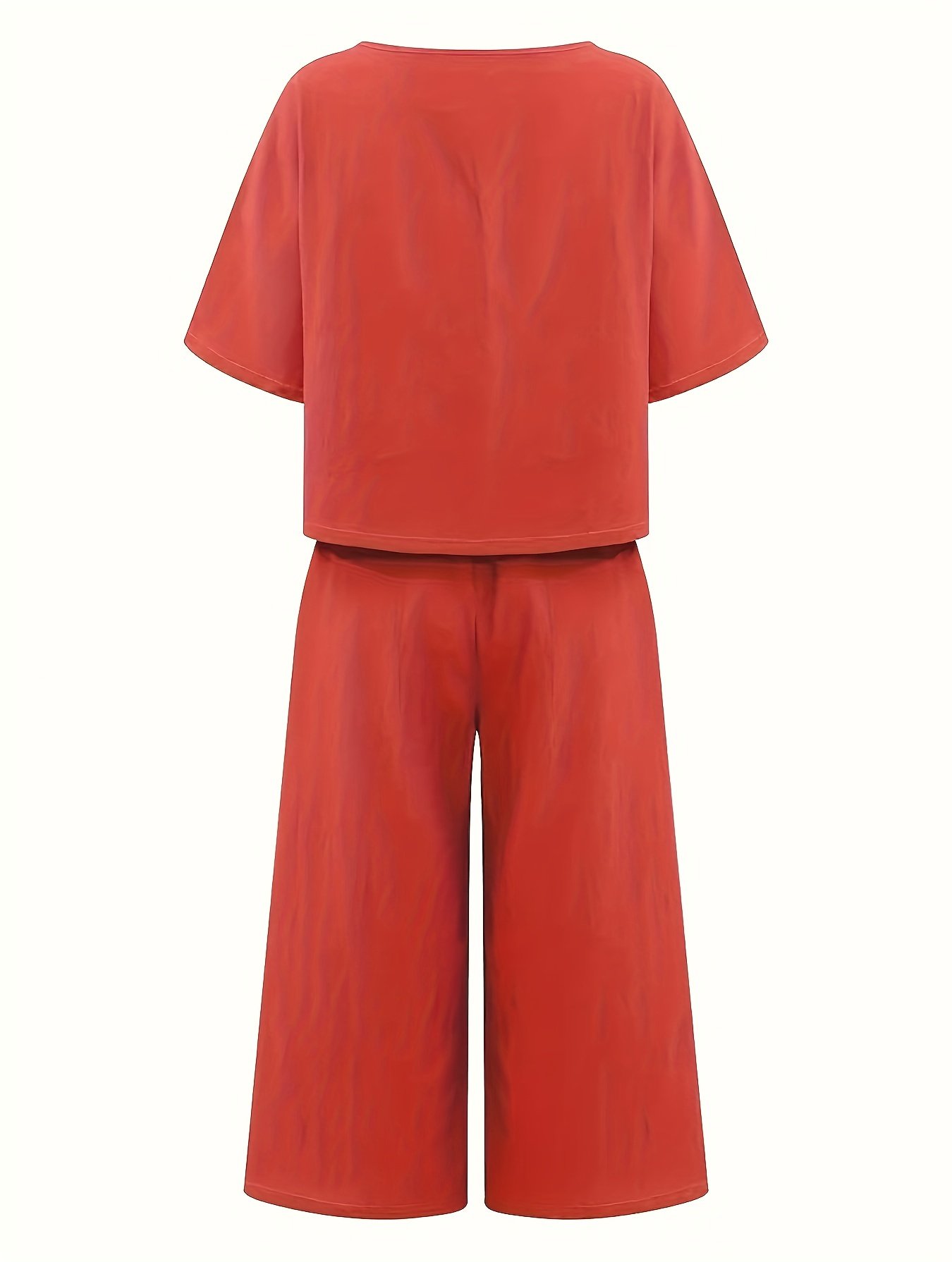 Solid Two-piece Set, Crew Neck Casual T-Shirt & Wide Leg Pants, Women??s Clothing - Image 9