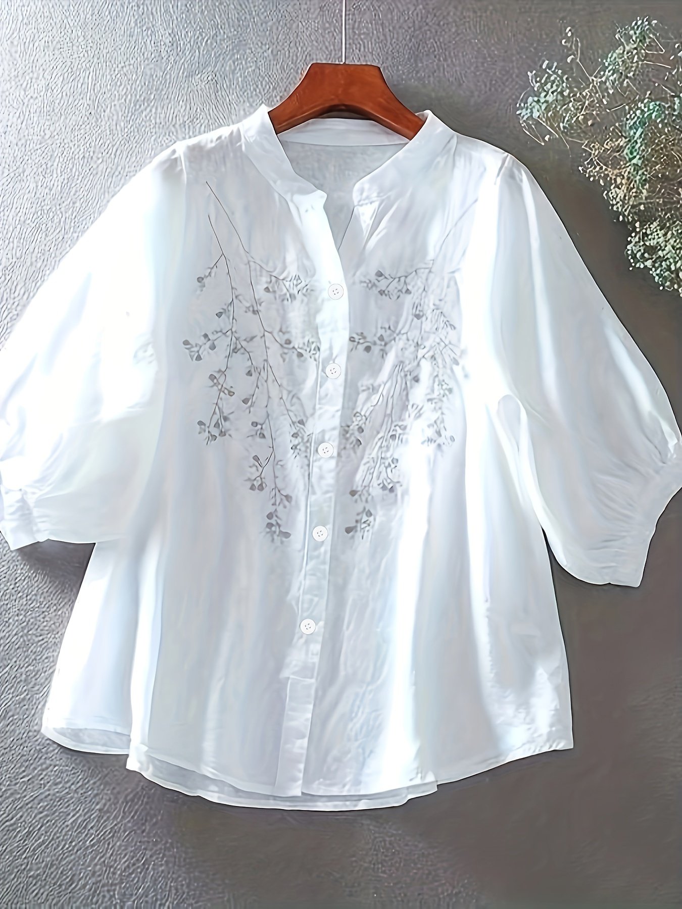 Floral Pattern Simple Blouse, Elegant Button Front Stand Collar Blouse, Women??s Clothing - Image 5
