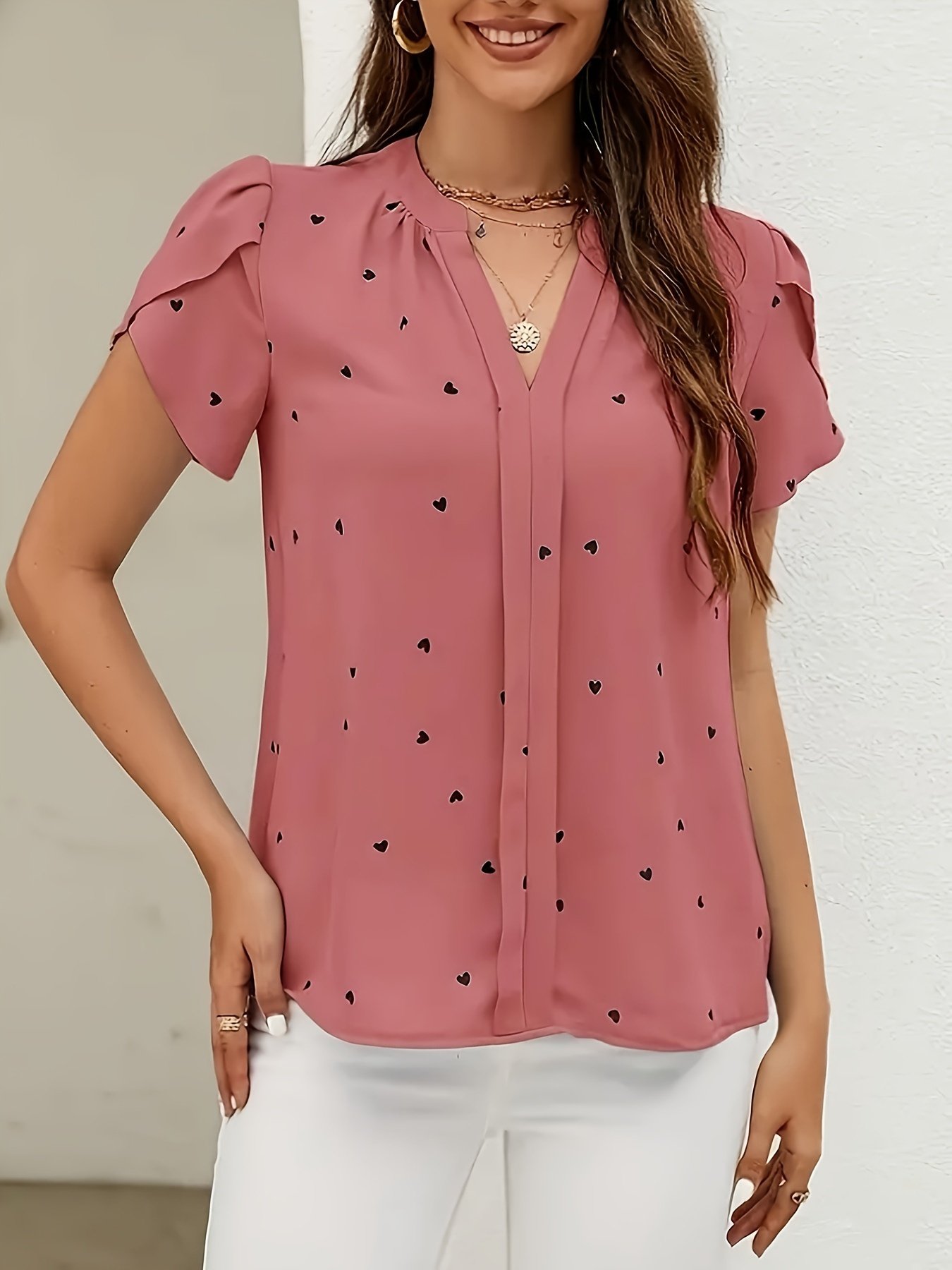 Heart Print V Neck Blouse, Casual Petal Sleeve Blouse For Spring & Summer, Women??s Clothing - Image 7