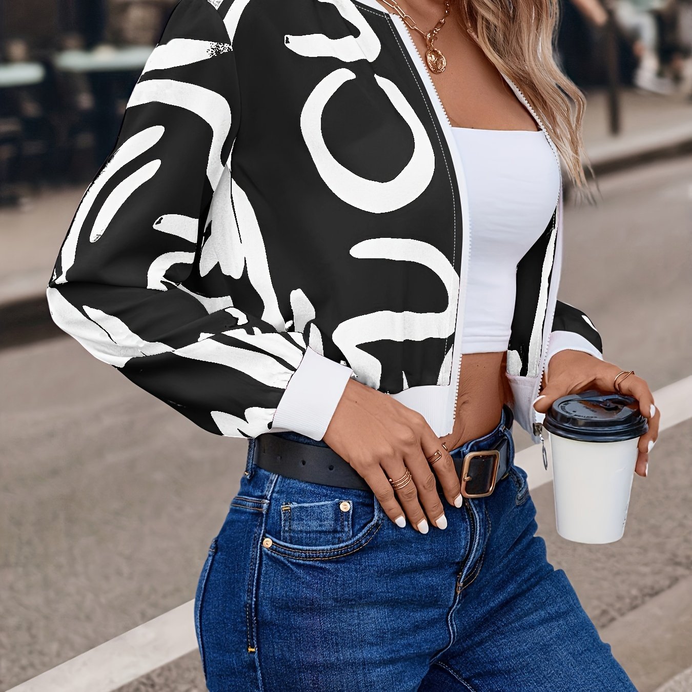 Abstract Print Bomber Jacket, Casual Zip Up Long Sleeve Outerwear, Women??s Clothing - Image 6