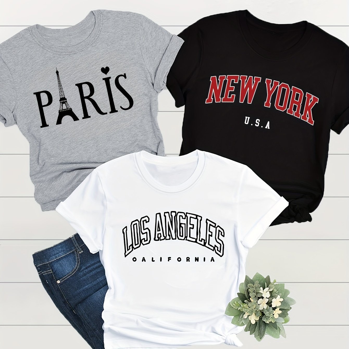 3 Pack Eiffel Tower Print Crew Neck T-Shirt, Casual Short Sleeve T-Shirt For Spring & Summer, Women??s Clothing - Image 2