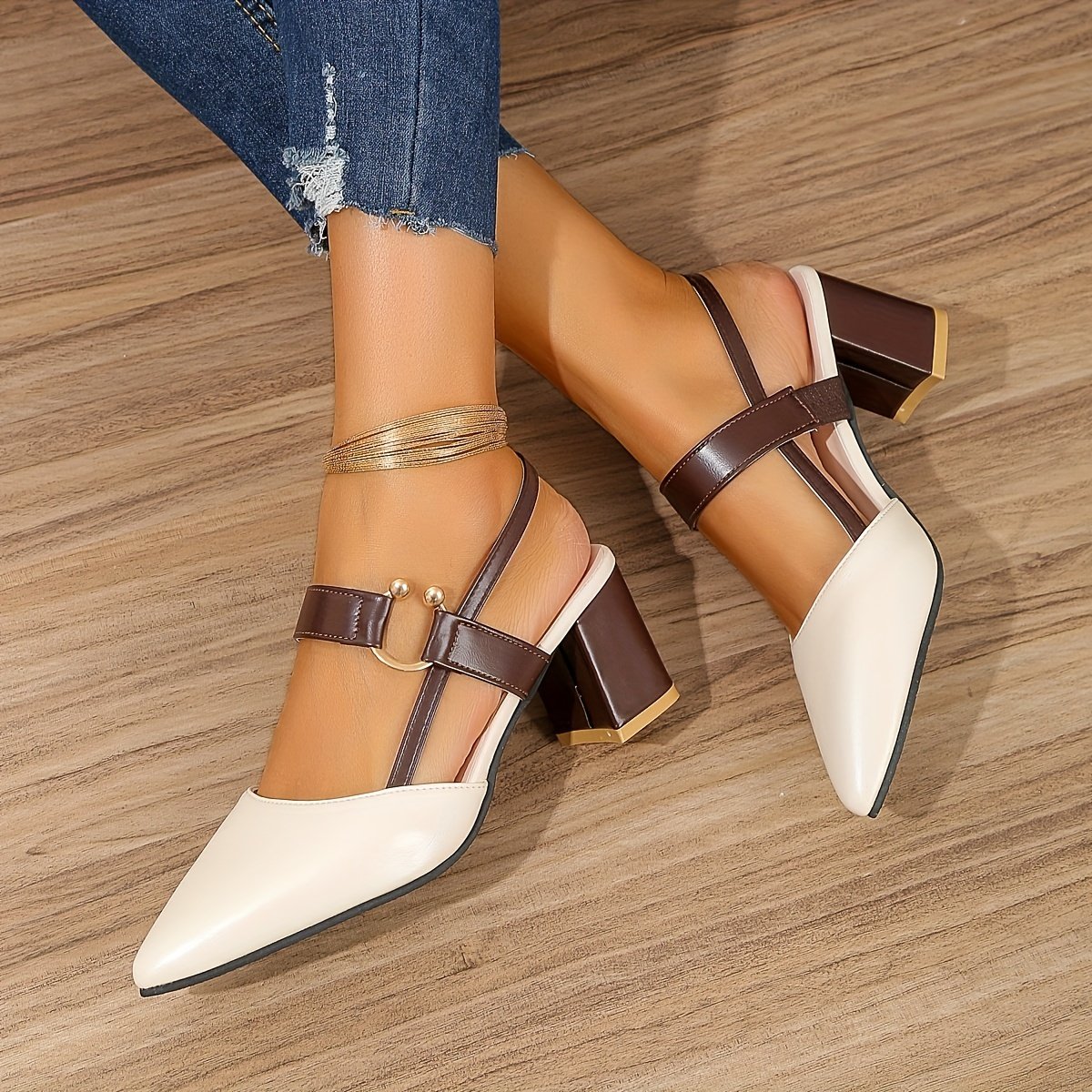 Women??s Pointed Toe Block High Heel Sandals, Fashion Solid Color Slingback Shoes, Versatile Mid Heels - Image 2