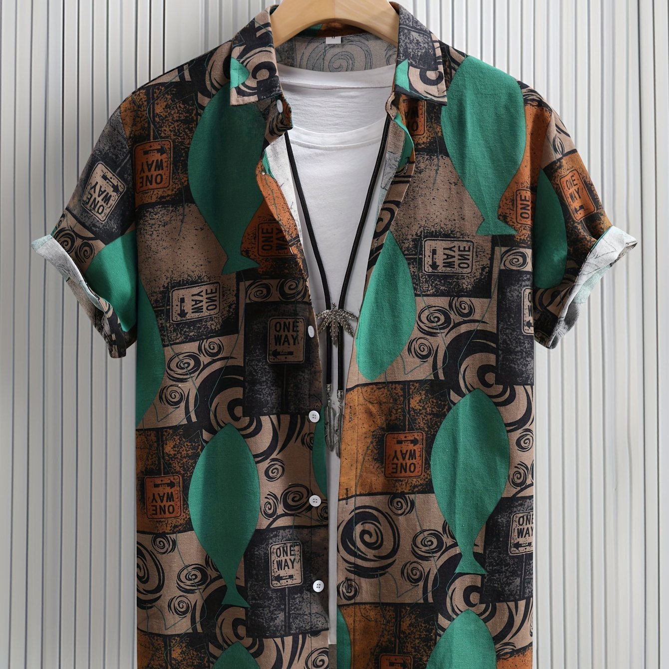 Men??s Stylish Loose Cotton Blend Geometric Print Shirt, Casual Breathable Lapel Button Up Short Sleeve Shirt For Summer Outdoor Activities - Image 4