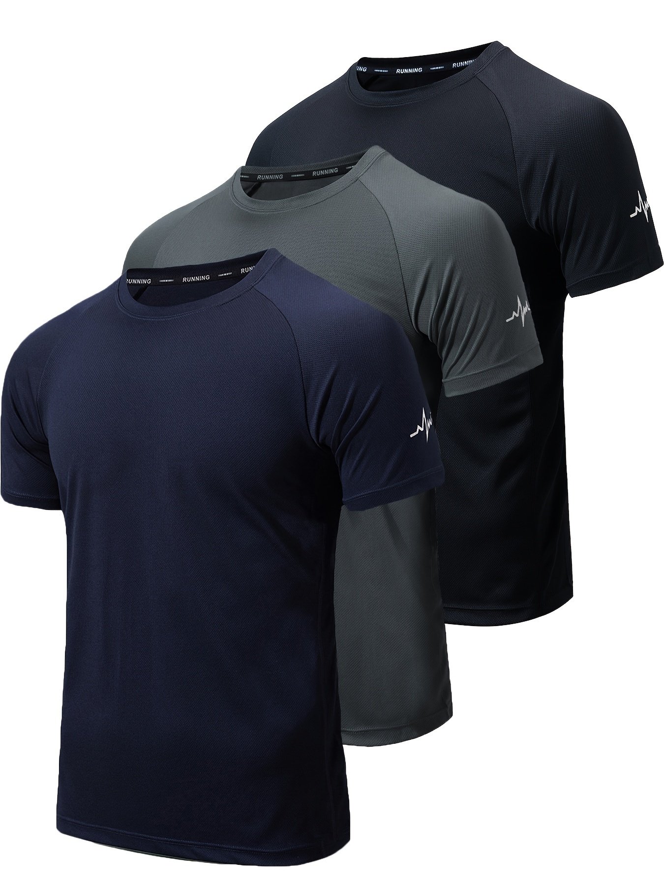 3pcs Men??s Athletic Short Sleeve Crew Neck Moisture-wicking Shirts, Undershirt With Sleeve Electrocardiography Print, Sports Comfy Tee