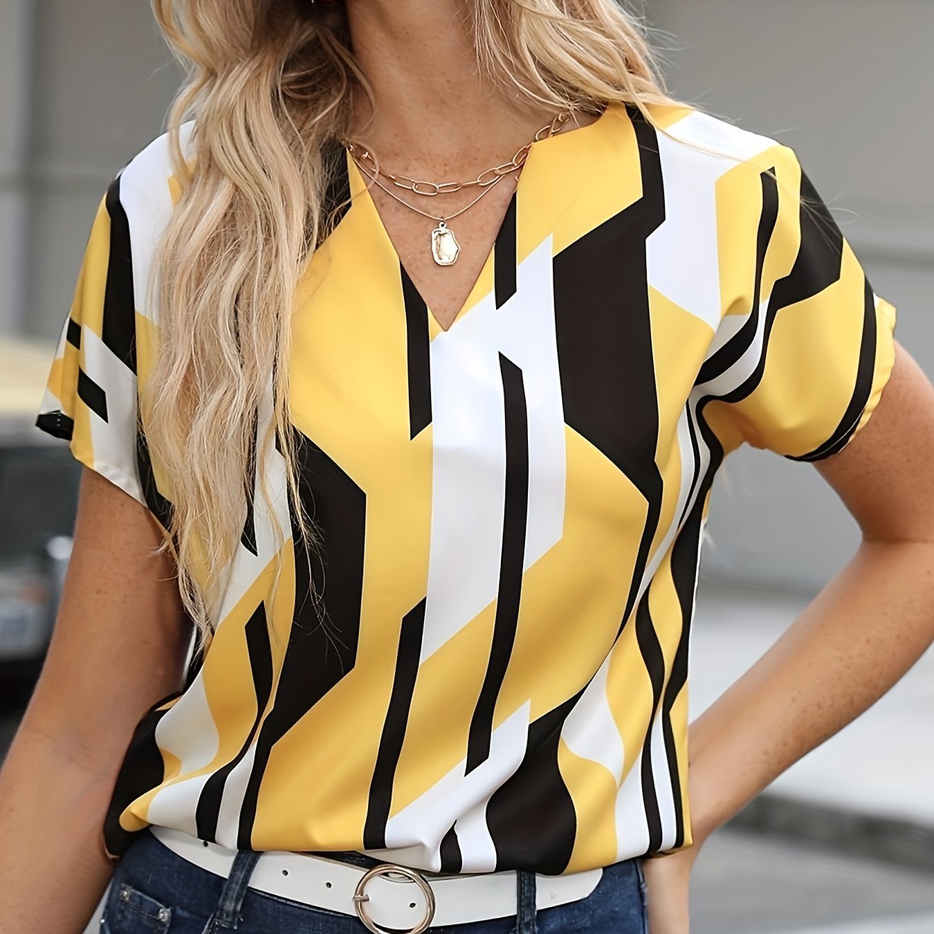Color Block Graphic Print Blouse, Notched Neck Casual Short Sleeve Blouse, Women??s Clothing - Image 10