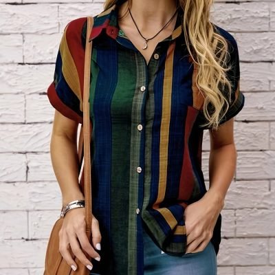 Striped Print Button Front Blouse, Vintage Short Sleeve Blouse For Spring & Summer, Women??s Clothing