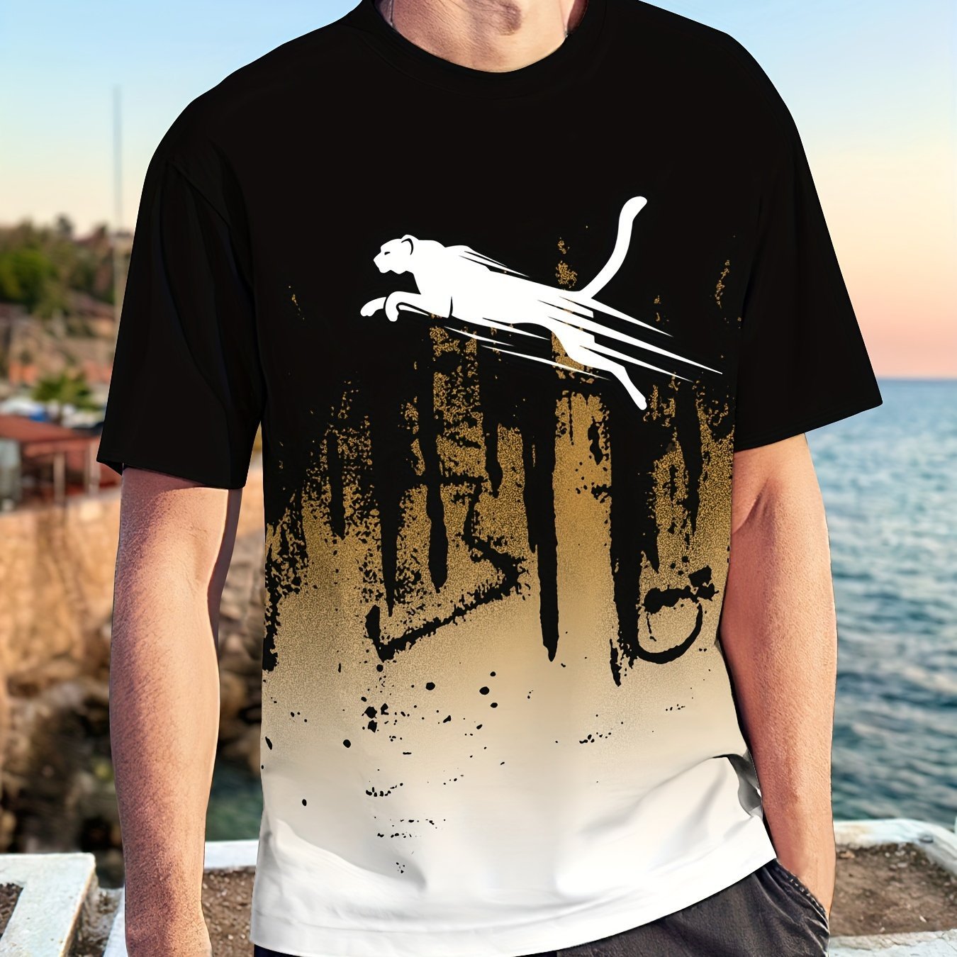 Men??s Gradient Color Running Leopard And Paint Mark Pattern Print T-shirt With Crew Neck And Short Sleeve, Perfect Tops For Outdoors Activities - Image 3