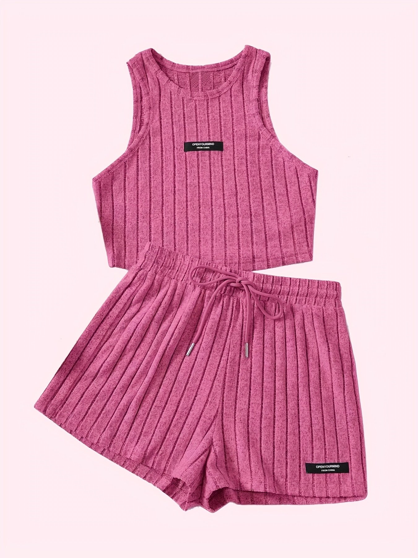 Ribbed Casual Two-piece Set, Crew Neck Sleeveless Tank Top & Drawstring Shorts Outfits, Women??s Clothing