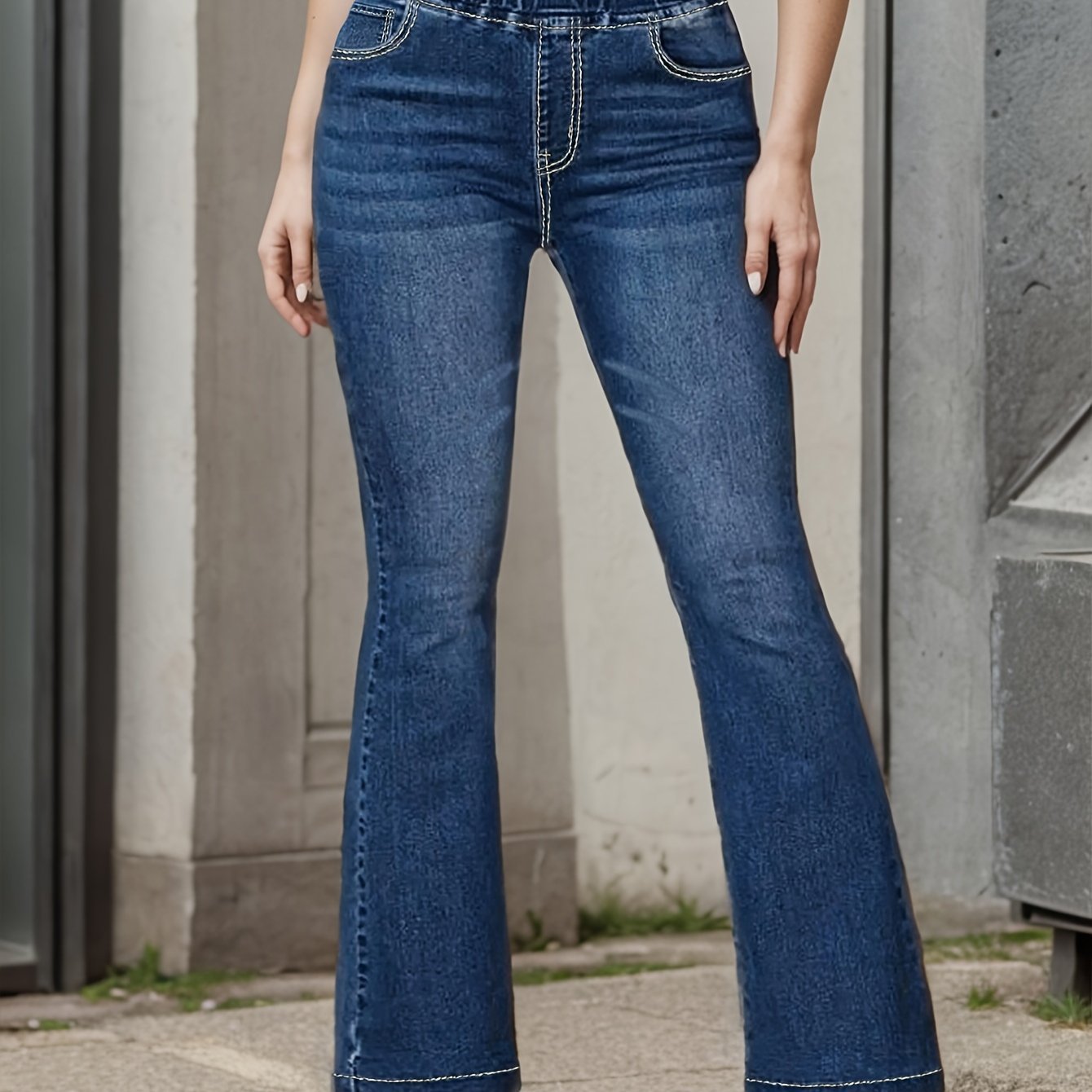 Elastic Waist Bell Bottom Jeans, Slash Pocket Fashion Casual Denim Pants, Women??s Denim Jeans & Clothing - Image 2