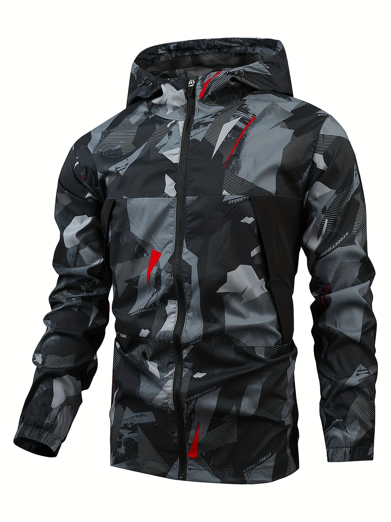 Geometric Pattern Design Men??s Color Blocked Zip Up Hooded Indbreaker, Suitable For Outdoor Hiking, Camping And Travel In All Seasons