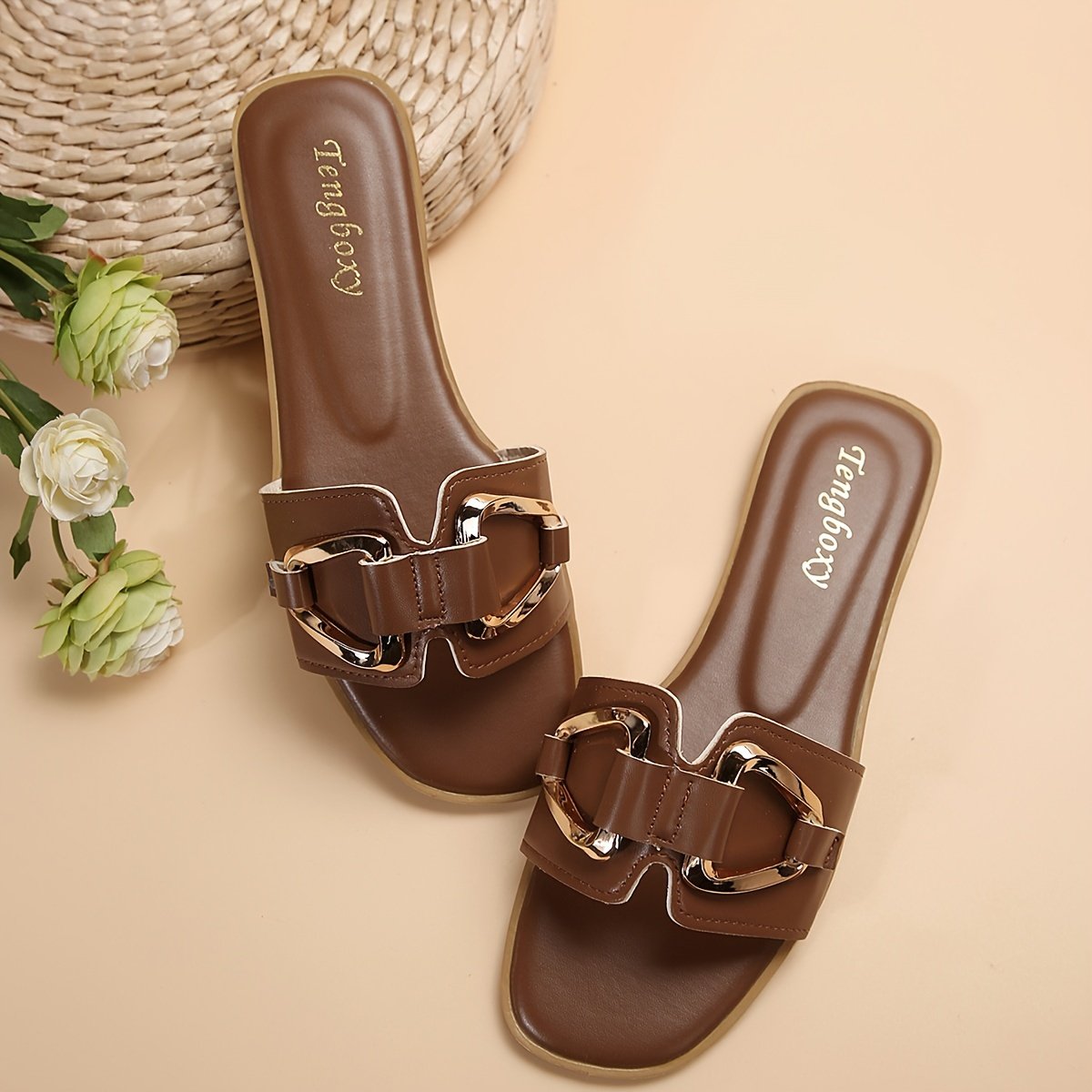 Women??s Metallic Buckle Decor Slides, Fashionable Square Open Toe Summer Shoes, Casual Beach Flat Slides - Image 8
