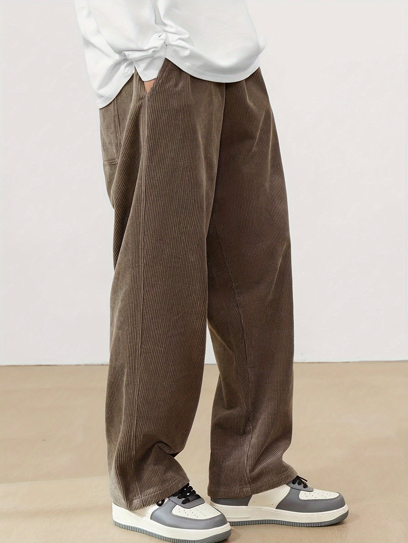 Men??s Loose-Fit Corduroy Casual Pants With Pockets In Solid Color, Breathable Straight-Leg Drawstring Trousers For Urban Streetwear And Outdoor Activities, Casual Style - Image 8