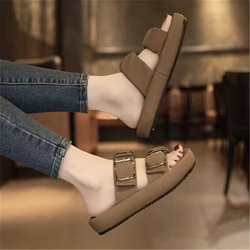 Women??s Double Buckle Strap Design Slide Sandals, Casual Open Toe Summer Shoes, Comfortable Slip On Shoes - Image 4